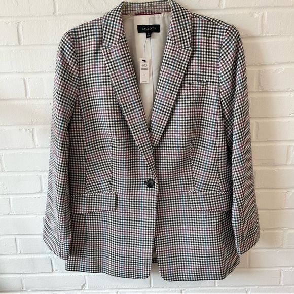 Talbots Long Plaid Blazer multicolored wool blend pink, teal, olive green, ivory - Picture 2 of 7